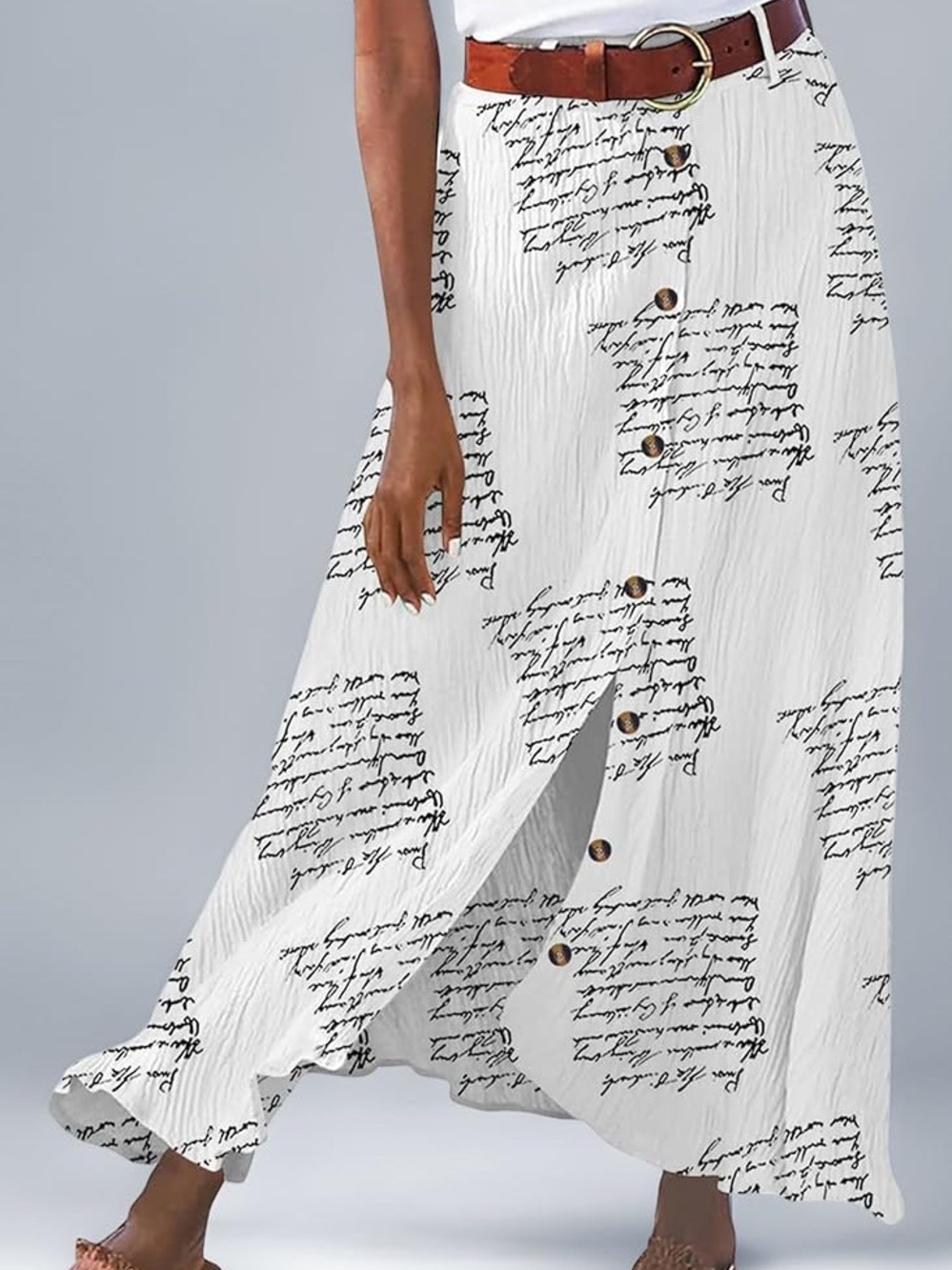 White Script Print Button-Front Maxi Skirt with lining